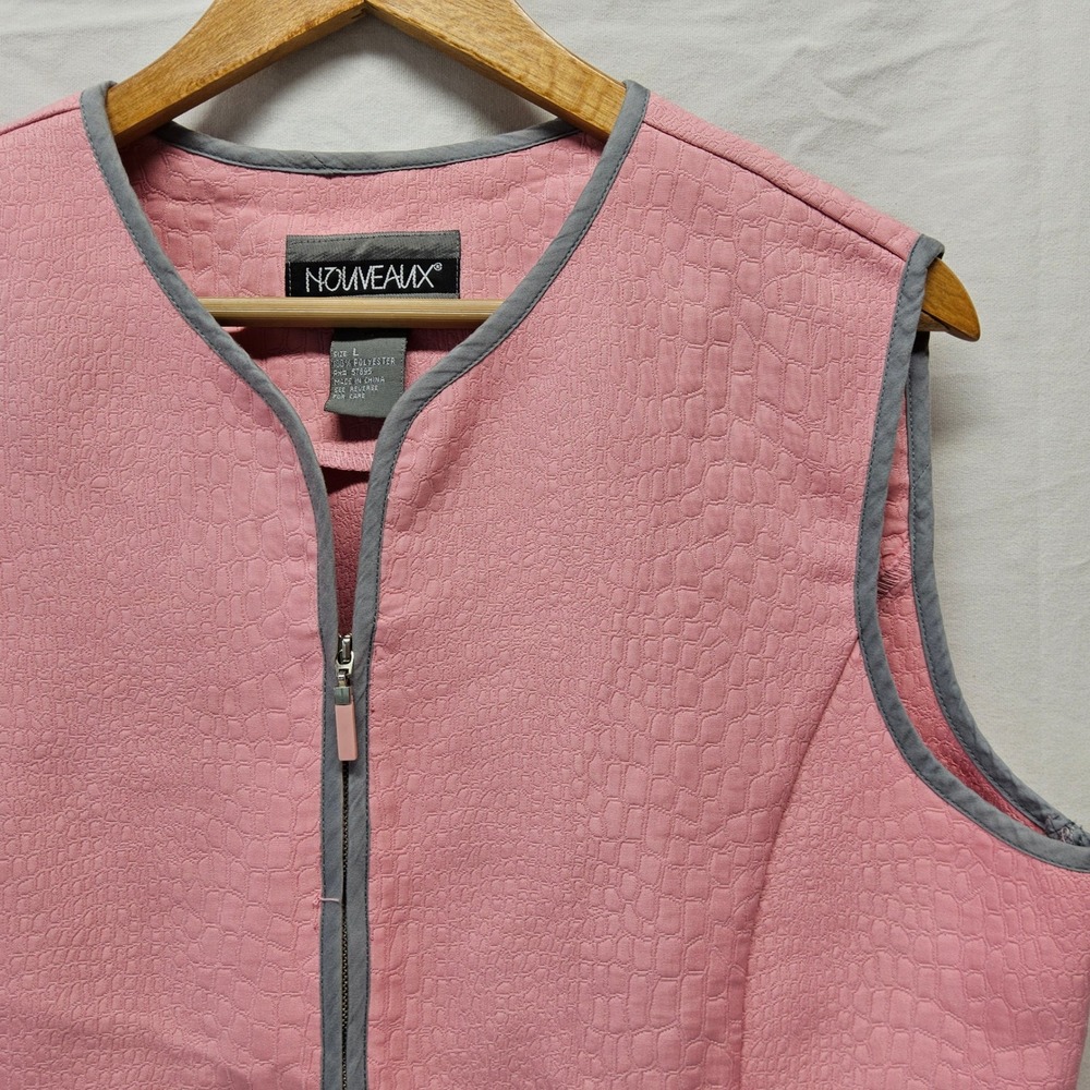 Nouveaux Vest Women Large Pink Crocodile Embossed Zip Front Grey Trim Sleeveless